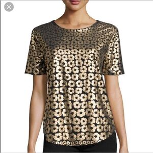 Equipment Femme Silk Metallic Gold Black Floral Short Sleeve Blouse